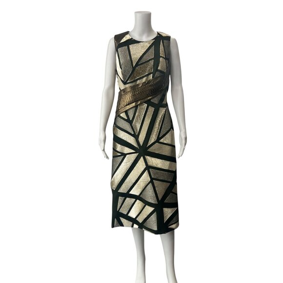 Rubin Singer 2014 Green Gold Metallic Panel Midi Dress size 6 - Picture 1 of 16